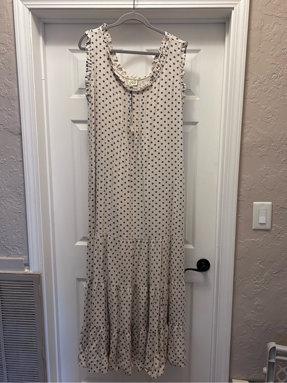 NWT Jaded Gypsy Sleeveless Cream Maxi Dress with Blue Polka Dots